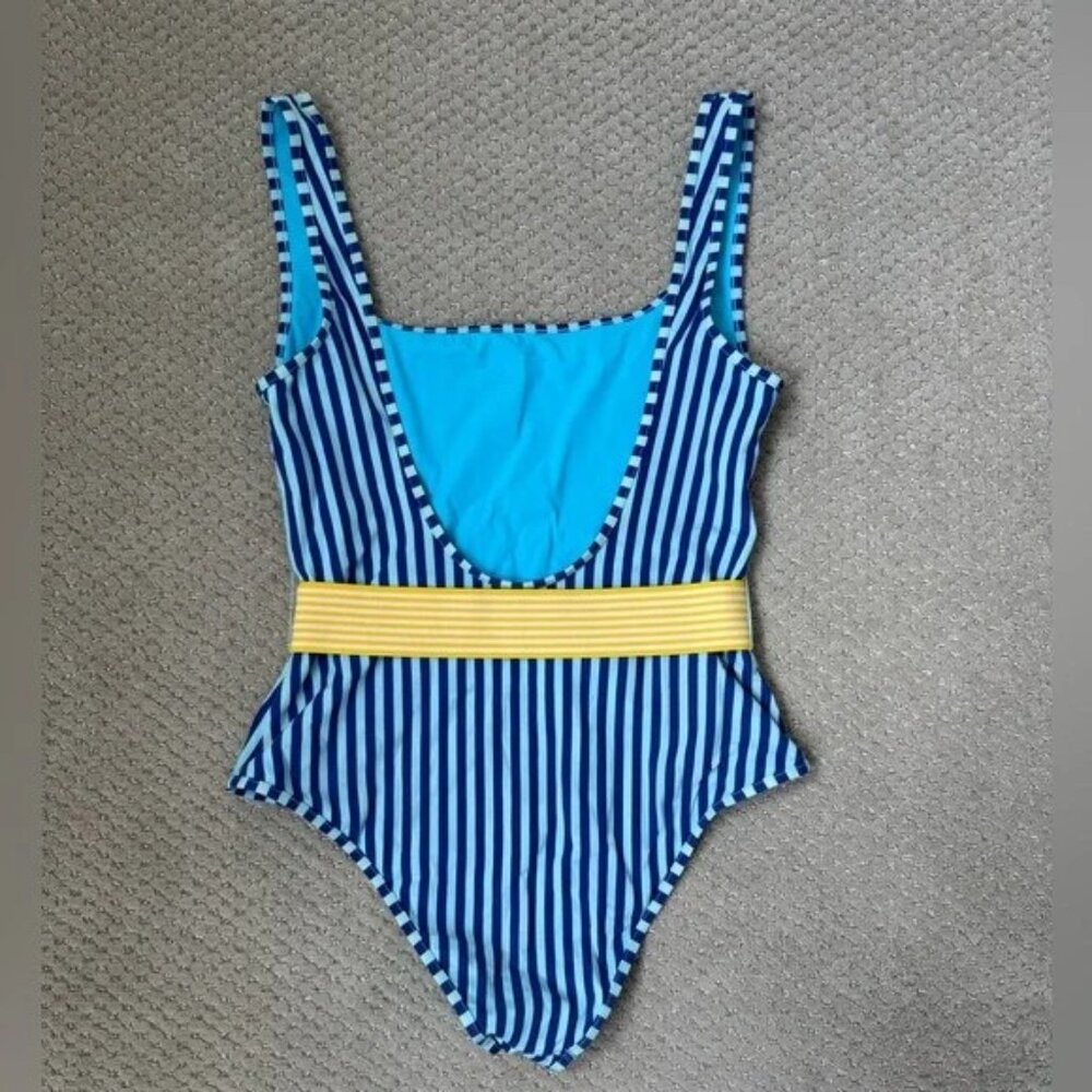 Diane Von Furstenberg Belted One Piece Swimsuit Blue Stripe Yellow Belt Size M - Picture 9 of 11